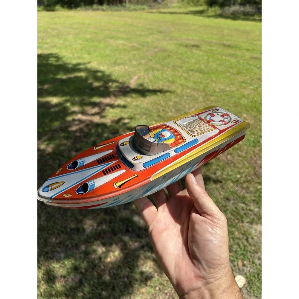Vintage Tin Litho Speed Boat Made Japan Large Collectible Display Mancave